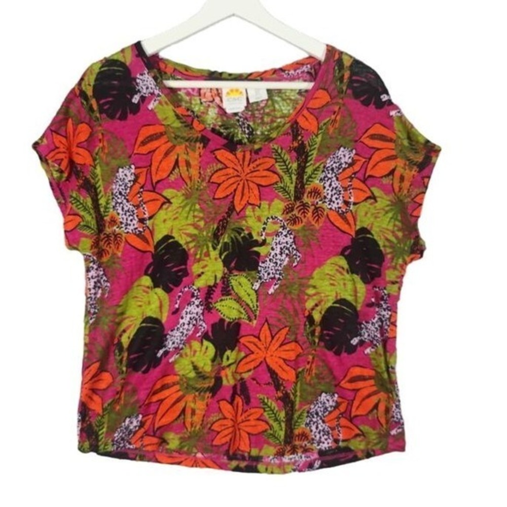 C&C California Womens Bold Coastal Tropical 100% Linen Leopard Top S Floral